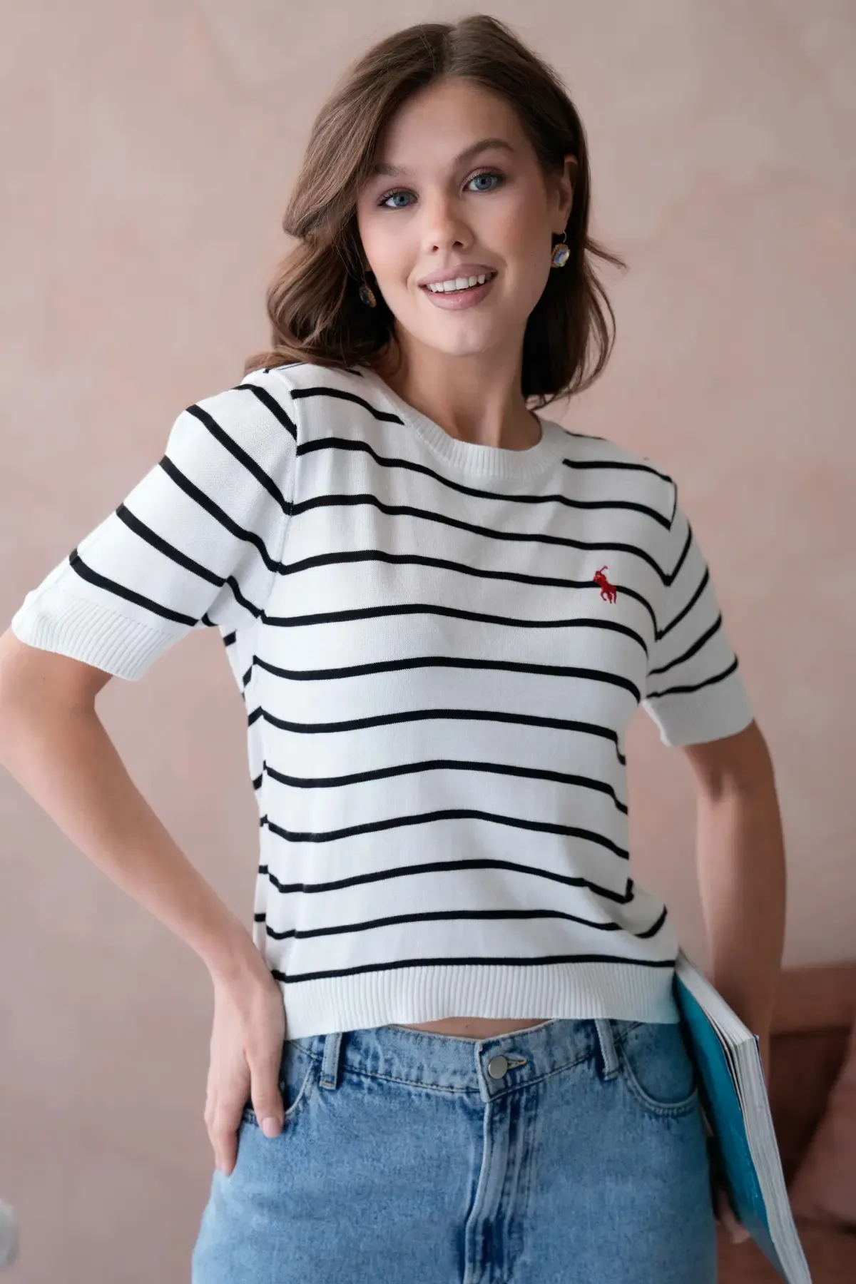 Kadın Bisiklet Yaka Çizgili Triko Kazak 10187.Vsc