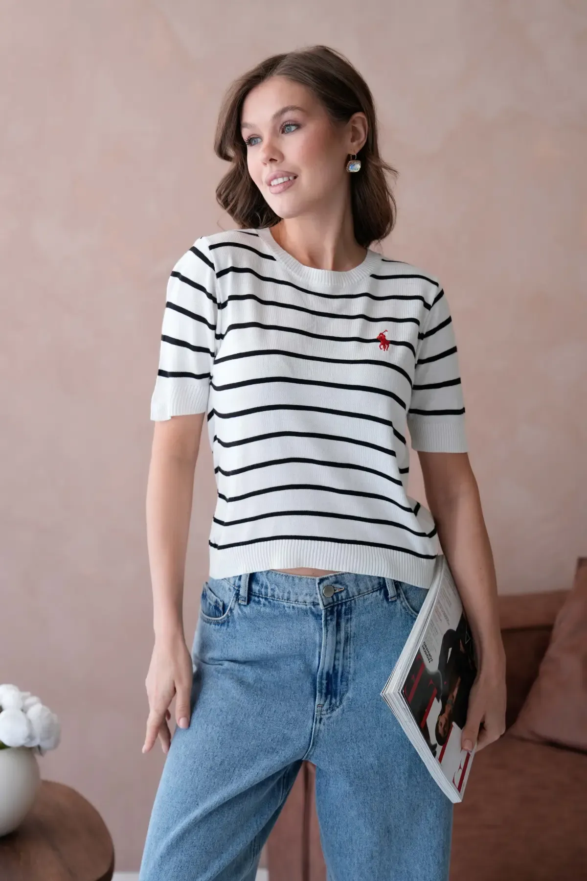 Kadın Bisiklet Yaka Çizgili Triko Kazak 10187.Vsc