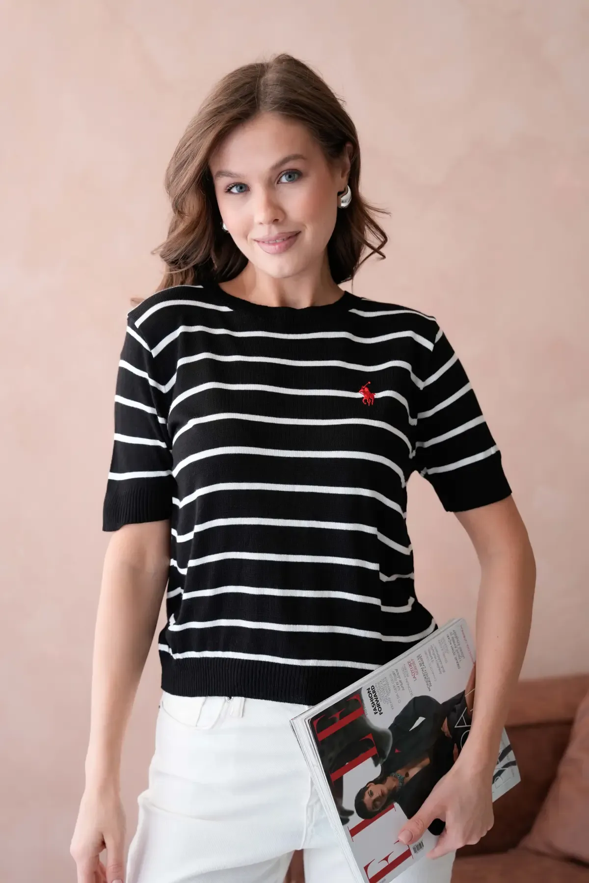 Kadın Bisiklet Yaka Çizgili Triko Kazak 10187.Vsc