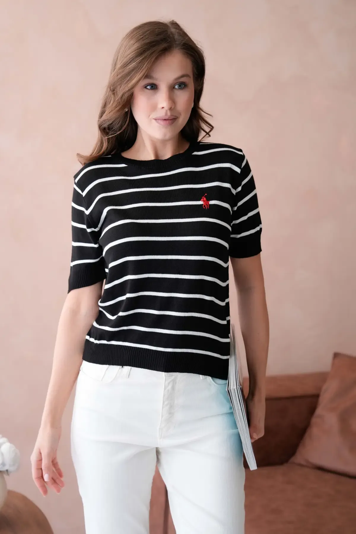 Kadın Bisiklet Yaka Çizgili Triko Kazak 10187.Vsc
