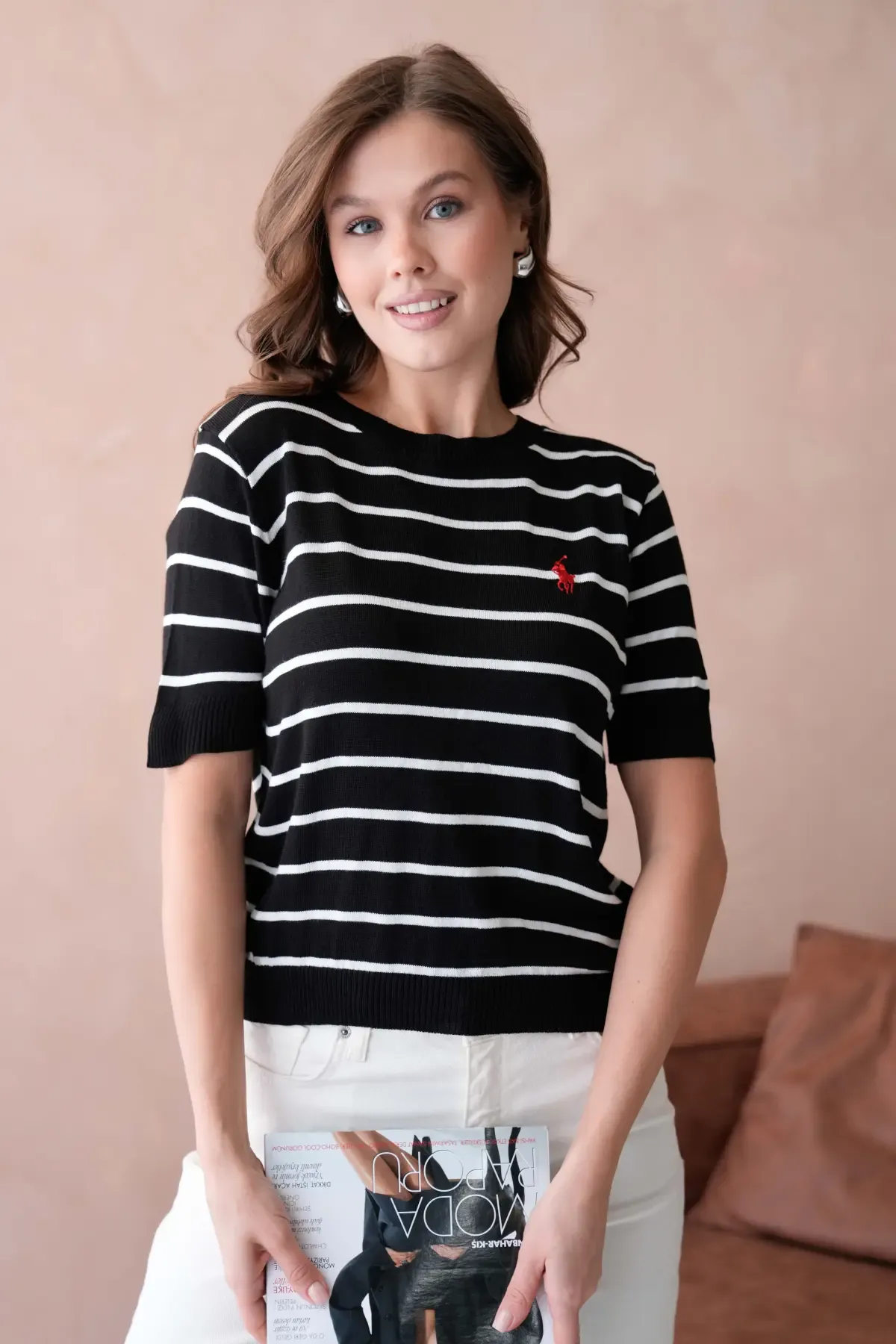 Kadın Bisiklet Yaka Çizgili Triko Kazak 10187.Vsc