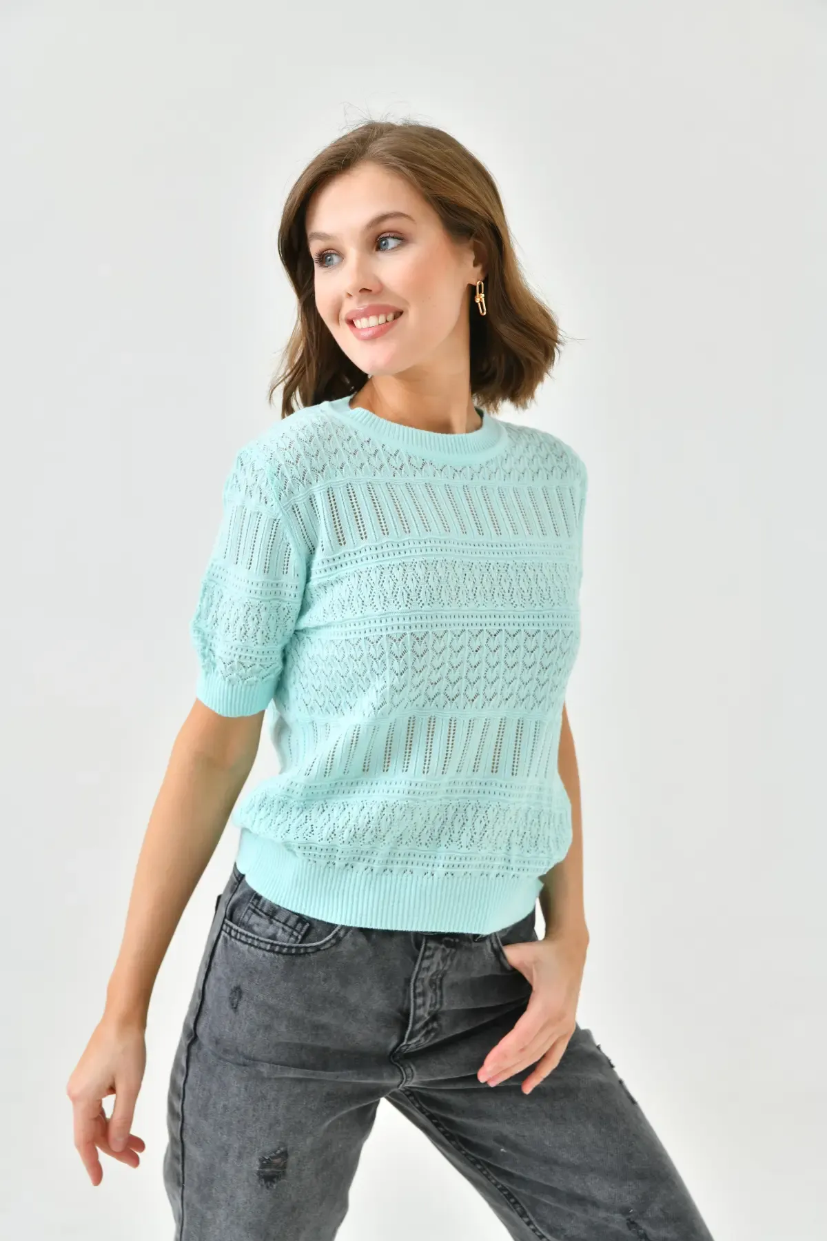 Kadın Bisiklet Yaka Örgü Detay Ajurlu Triko Kazak 10698