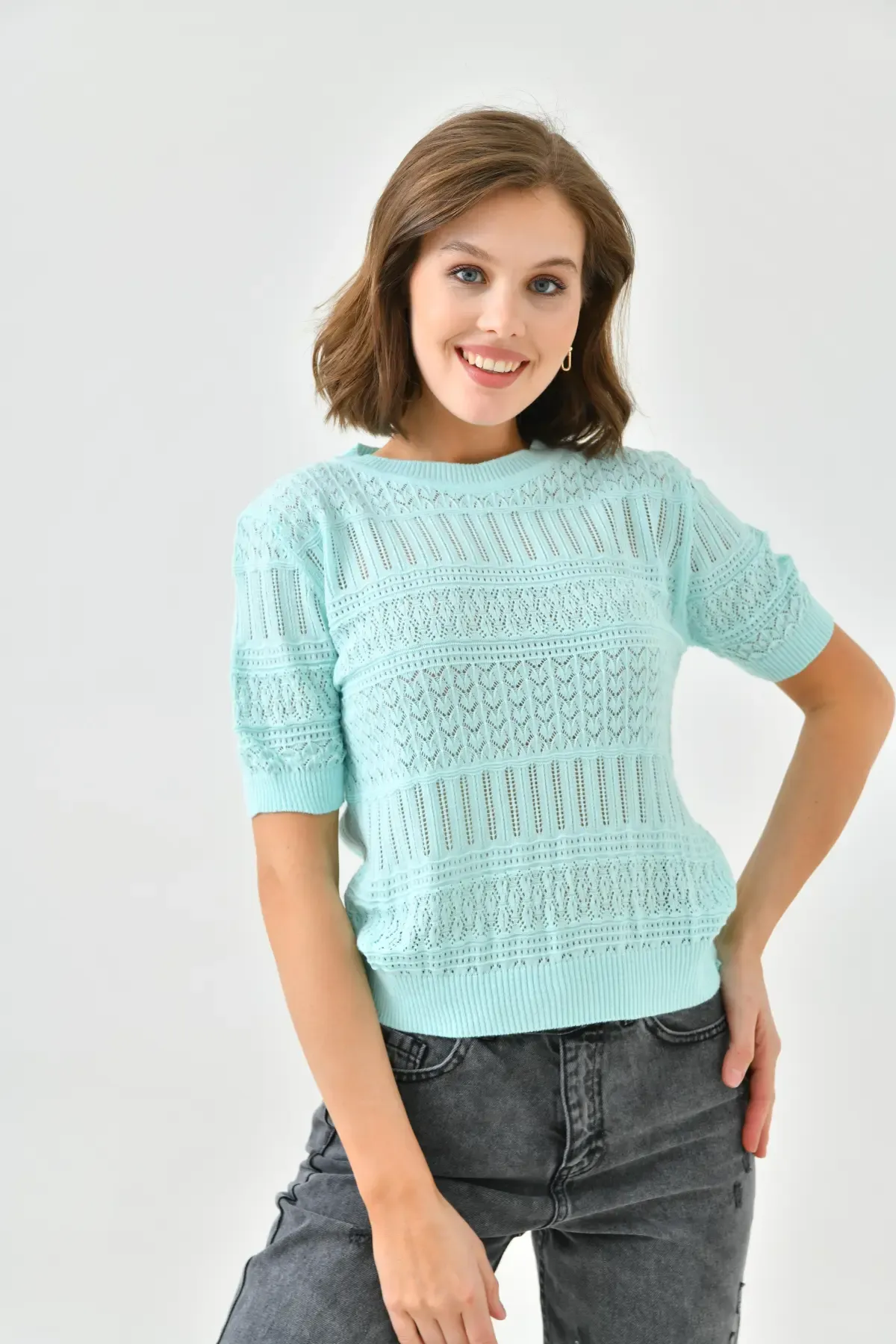 Kadın Bisiklet Yaka Örgü Detay Ajurlu Triko Kazak 10698