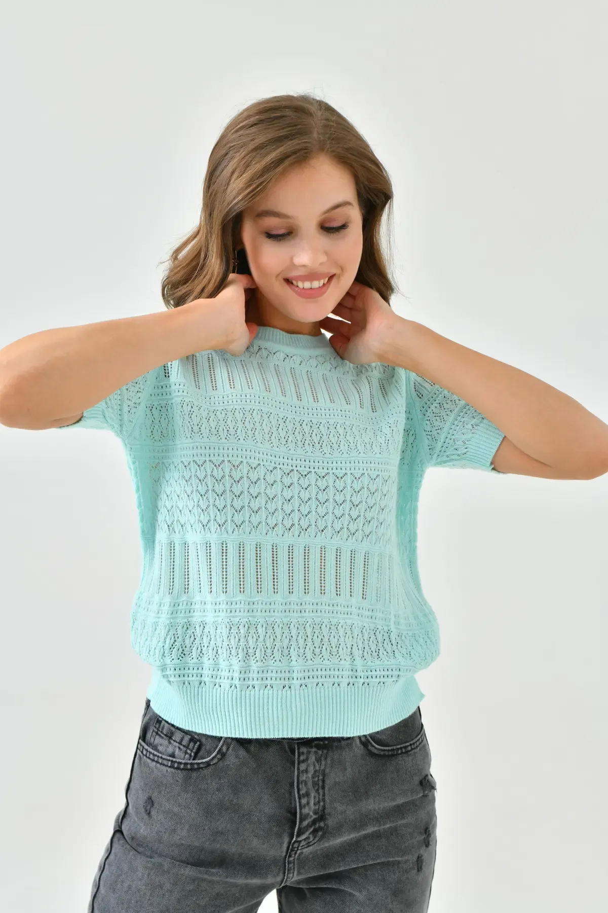 Kadın Bisiklet Yaka Örgü Detay Ajurlu Triko Kazak 10698