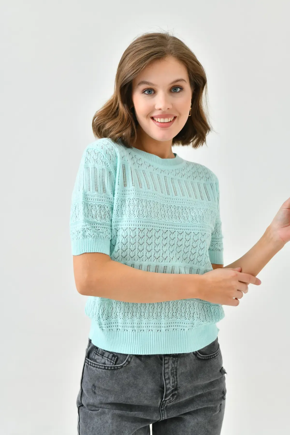 Kadın Bisiklet Yaka Örgü Detay Ajurlu Triko Kazak 10698