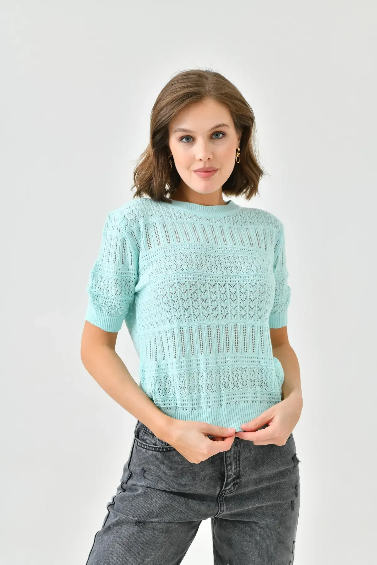 Kadın Bisiklet Yaka Örgü Detay Ajurlu Triko Kazak 10698