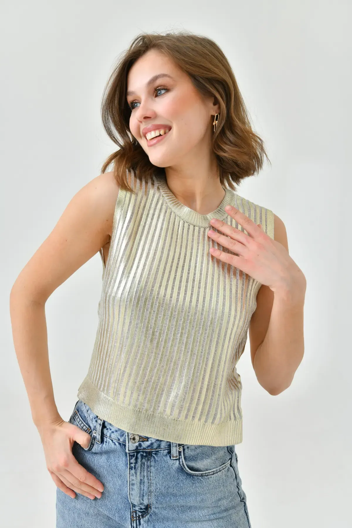 Kadın Bisiklet Yaka Varaklı Kaşkorse Triko Kazak 10731