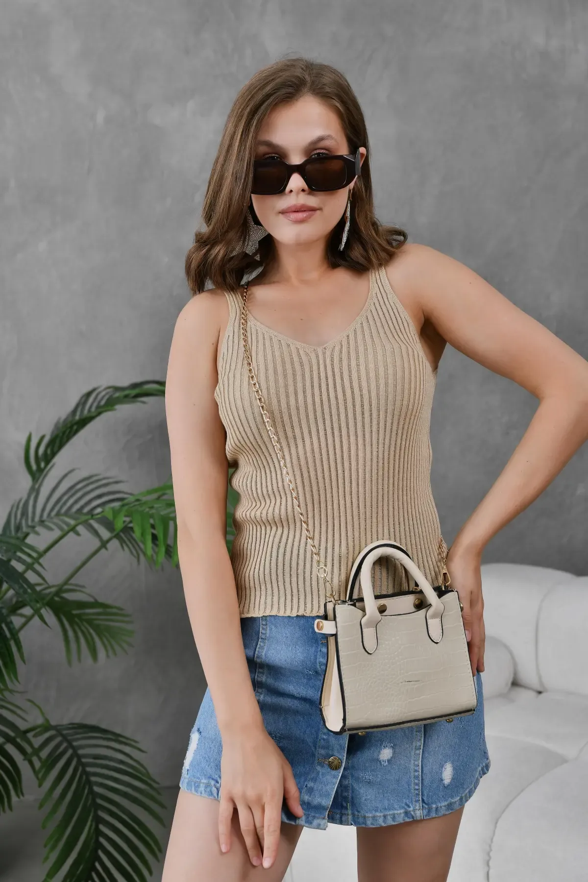 Kadın Asimetrik Yaka Selanik Örgü Askılı Body Bluz 10765 Ctn