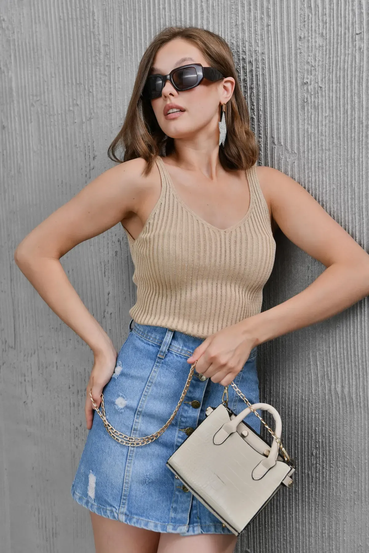 Kadın Asimetrik Yaka Selanik Örgü Askılı Body Bluz 10765 Ctn