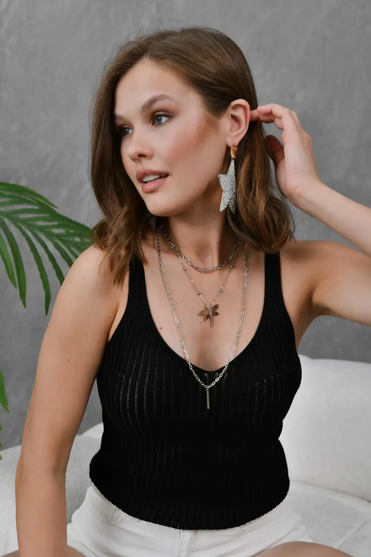 Kadın Asimetrik Yaka Selanik Örgü Askılı Body Bluz 10765 Ctn