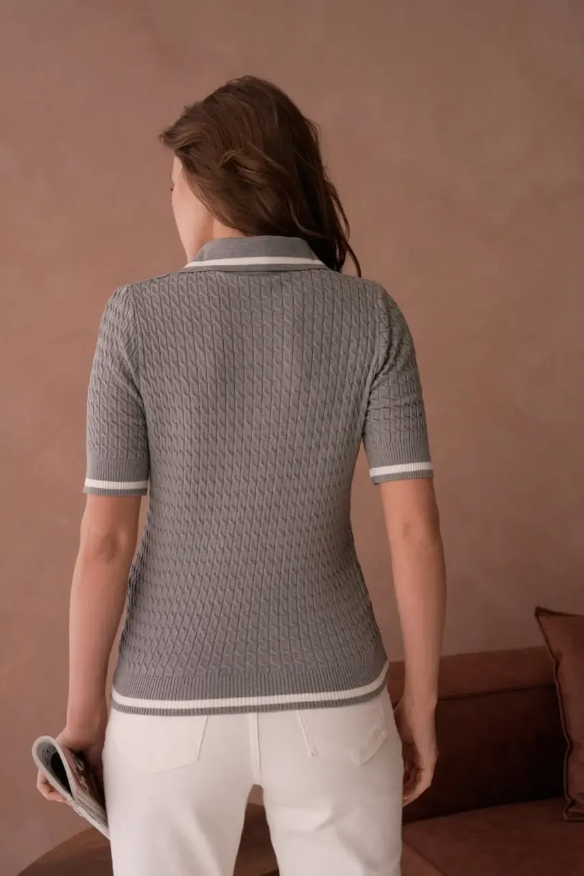 Kadın Polo Yaka Saç Örgü Desenli Triko Kazak 12175.Cpl
