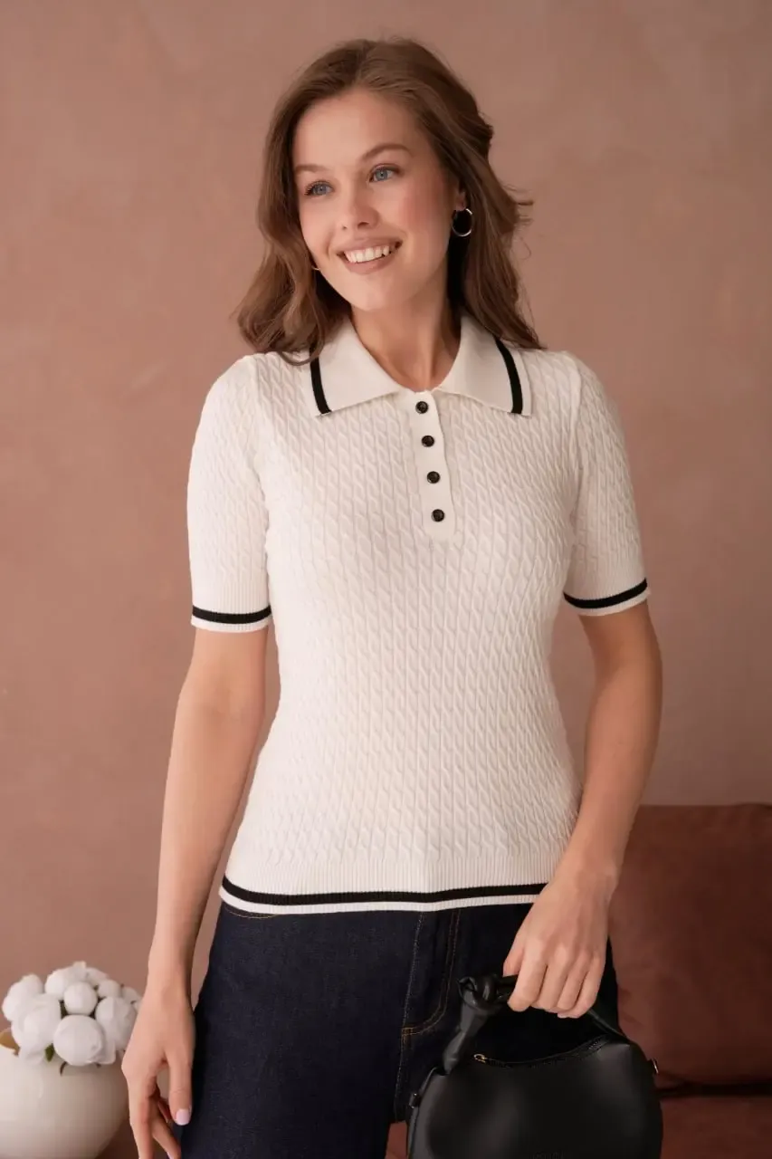 Kadın Polo Yaka Saç Örgü Desenli Triko Kazak 12175.Cpl