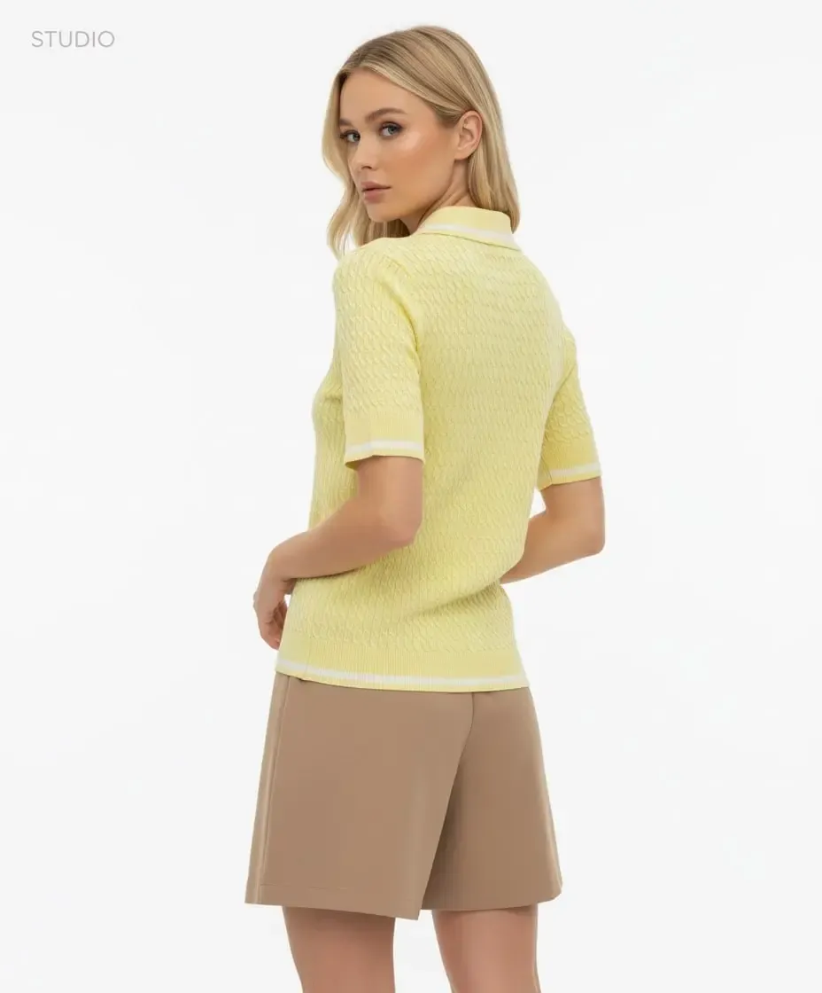 Kadın Polo Yaka Saç Örgü Desenli Triko Kazak 12175.Cpl