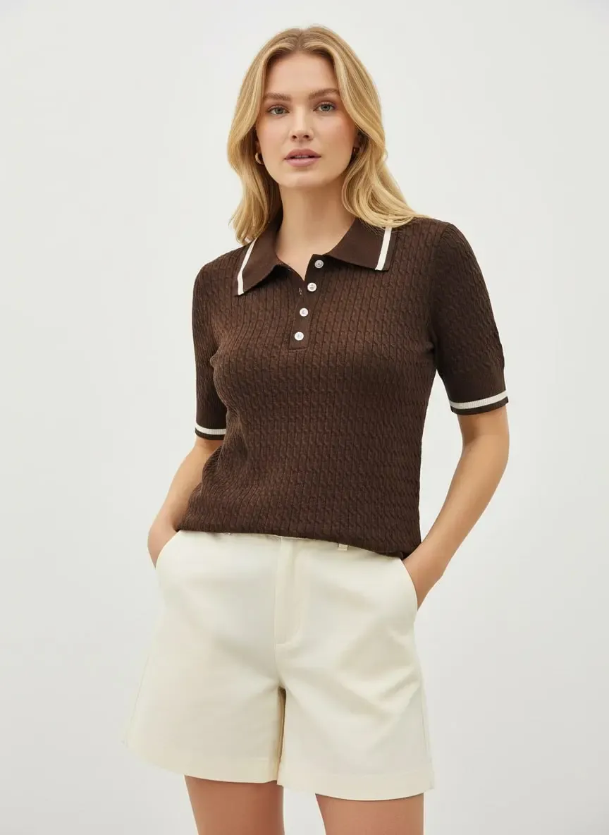 Kadın Polo Yaka Saç Örgü Desenli Triko Kazak 12175.Cpl