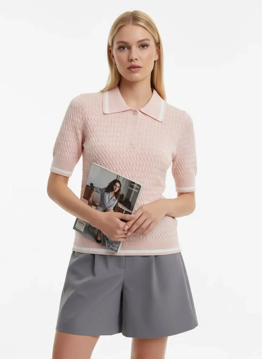 Kadın Polo Yaka Saç Örgü Desenli Triko Kazak 12175.Cpl