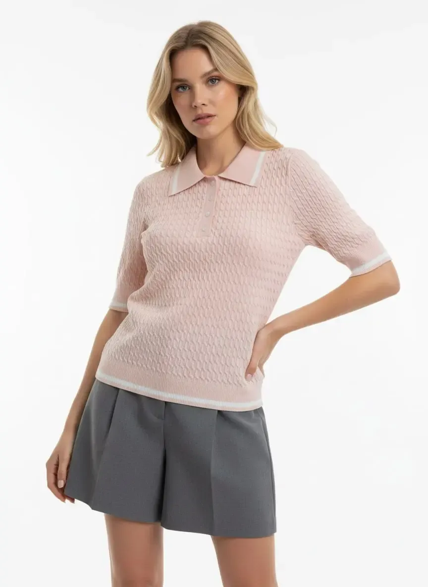 Kadın Polo Yaka Saç Örgü Desenli Triko Kazak 12175.Cpl