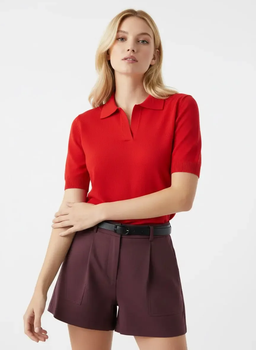 Kadın Polo Yaka Premium İplik Triko Kazak 12179.Crs