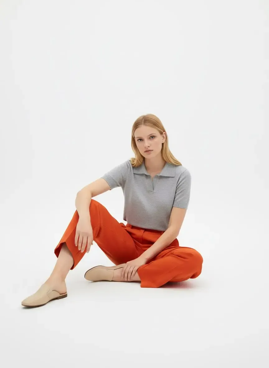 Kadın Polo Yaka Premium İplik Triko Kazak 12179.Crs