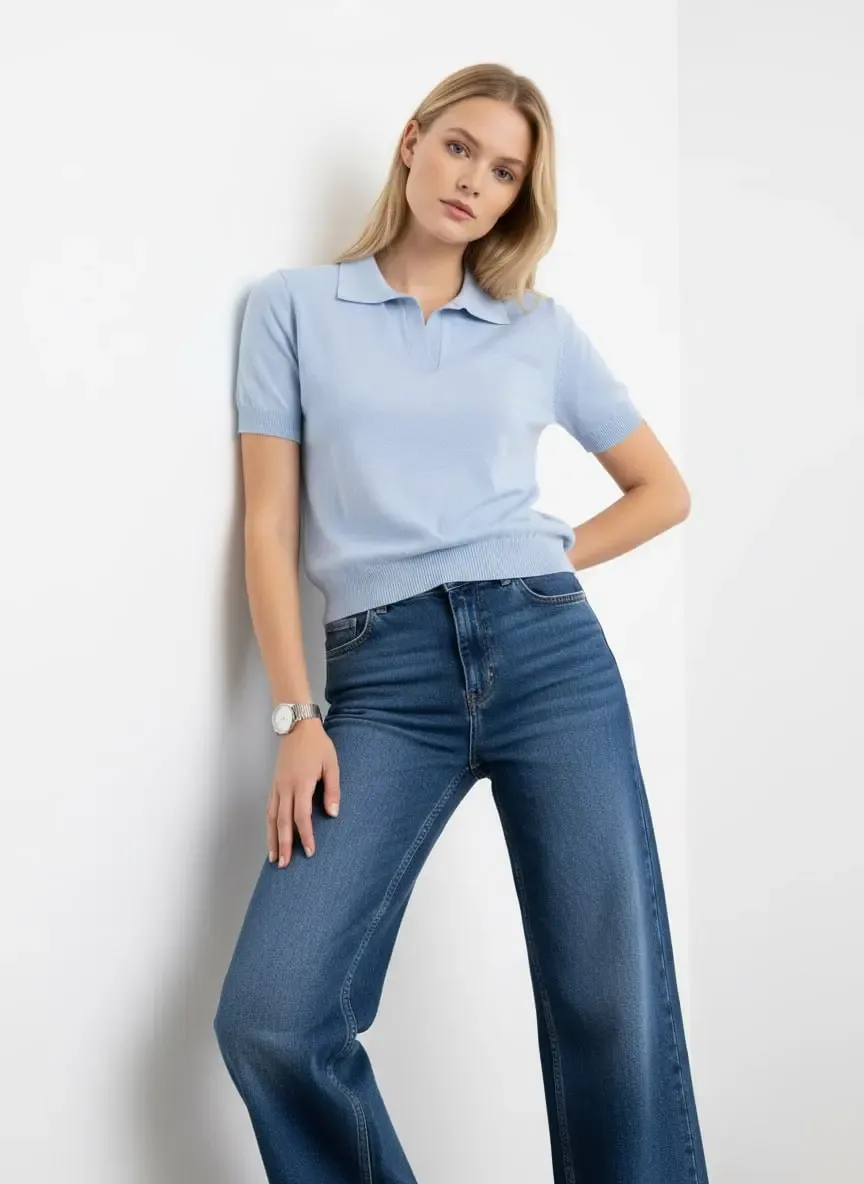 Kadın Polo Yaka Premium İplik Triko Kazak 12179.Crs
