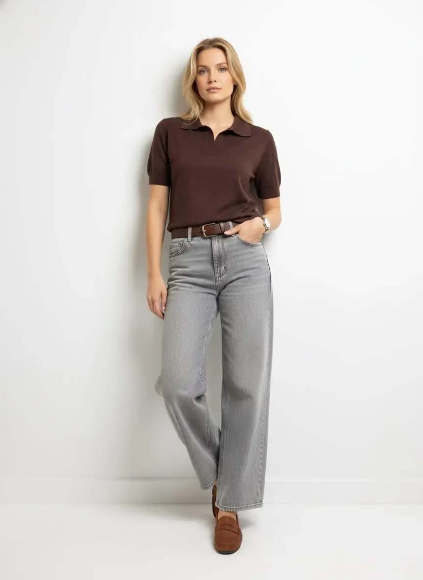 Kadın Polo Yaka Premium İplik Triko Kazak 12179.Crs