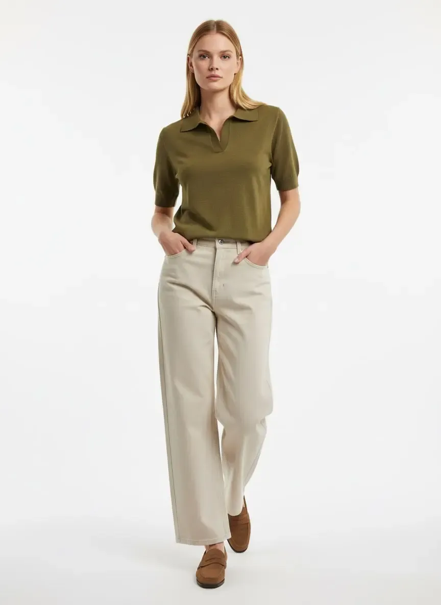 Kadın Polo Yaka Premium İplik Triko Kazak 12179.Crs