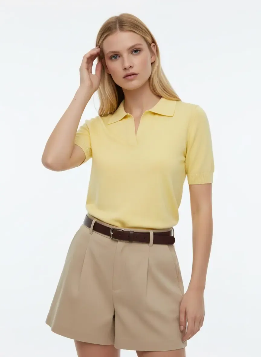 Kadın Polo Yaka Premium İplik Triko Kazak 12179.Crs