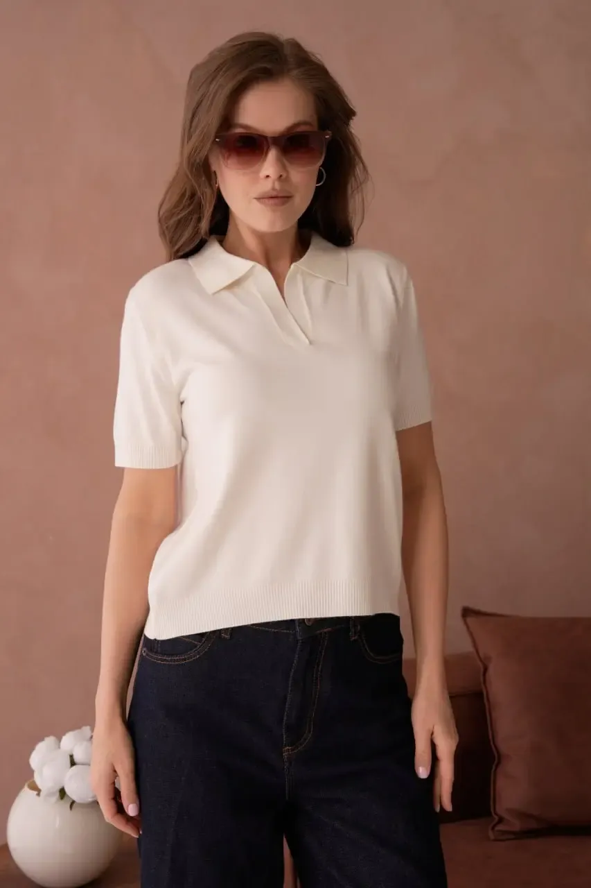 Kadın Polo Yaka Premium İplik Triko Kazak 12179.Crs