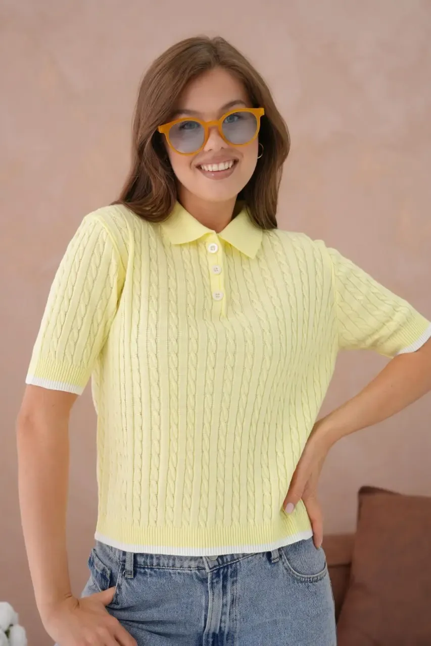 Kadın Polo Yaka Düğme Detay Saç Örgü Triko Kazak 12184