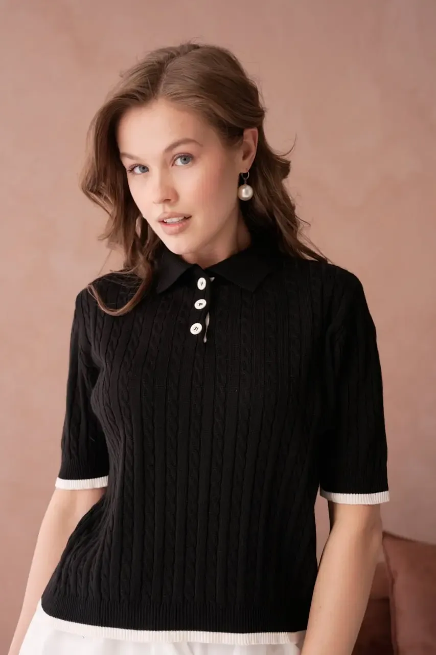 Kadın Polo Yaka Düğme Detay Saç Örgü Triko Kazak 12184