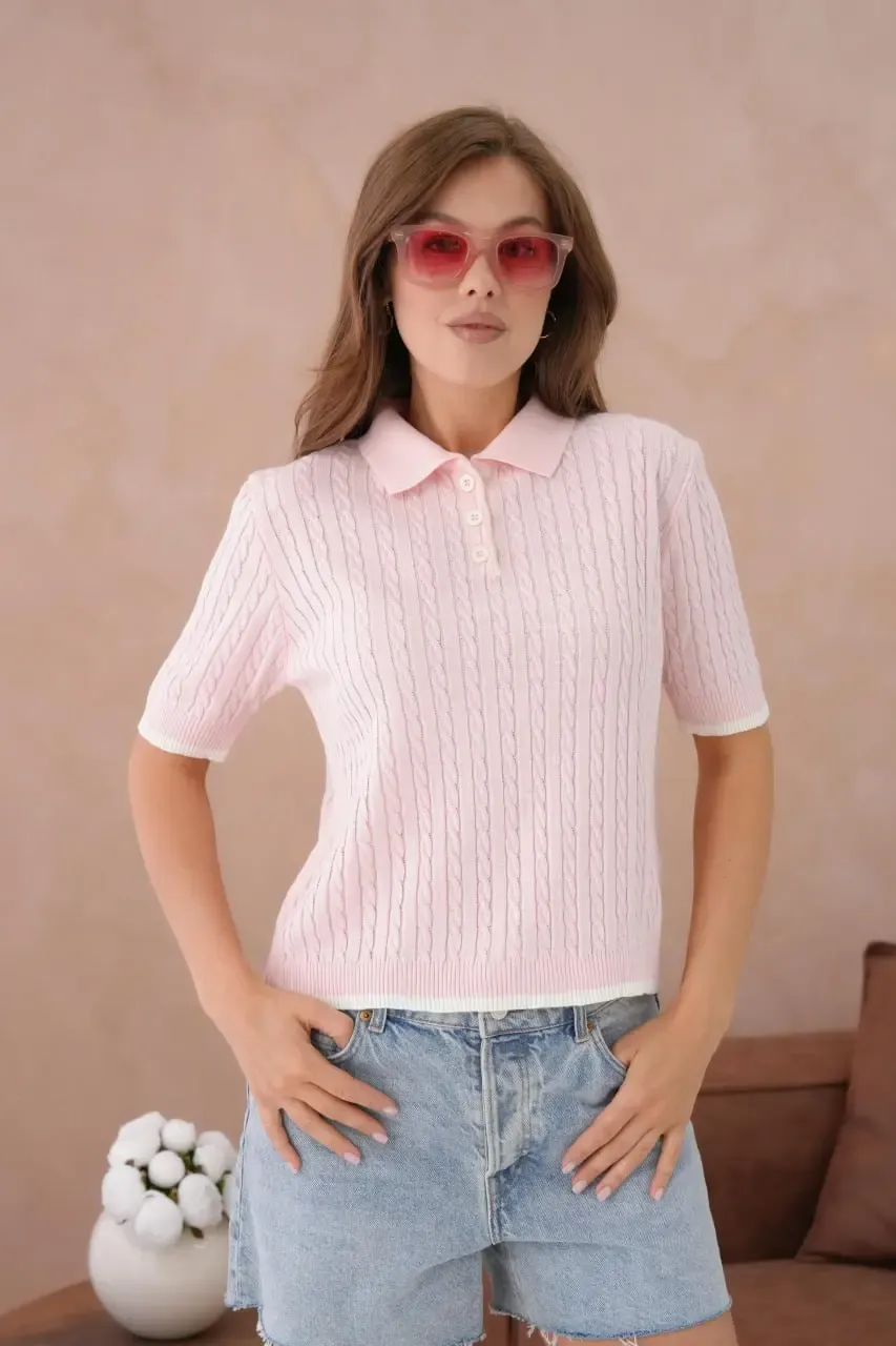 Kadın Polo Yaka Düğme Detay Saç Örgü Triko Kazak 12184