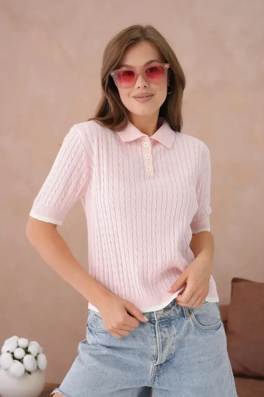 Kadın Polo Yaka Düğme Detay Saç Örgü Triko Kazak 12184