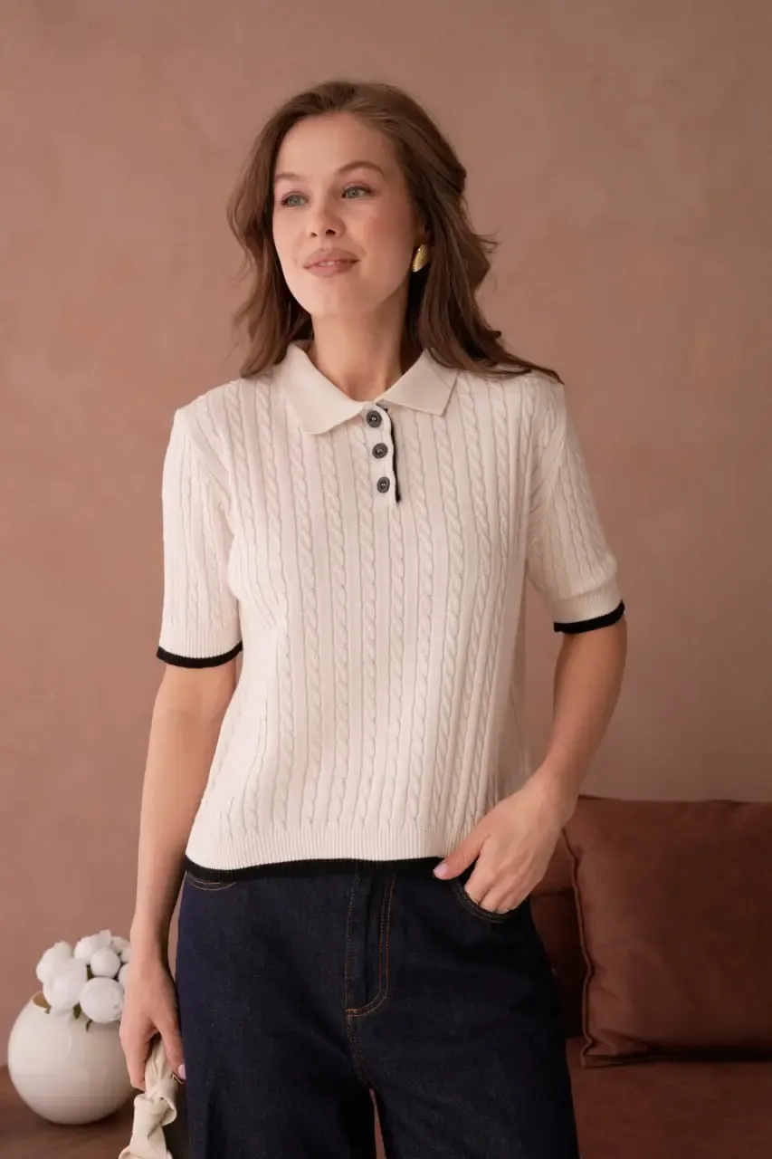 Kadın Polo Yaka Düğme Detay Saç Örgü Triko Kazak 12184
