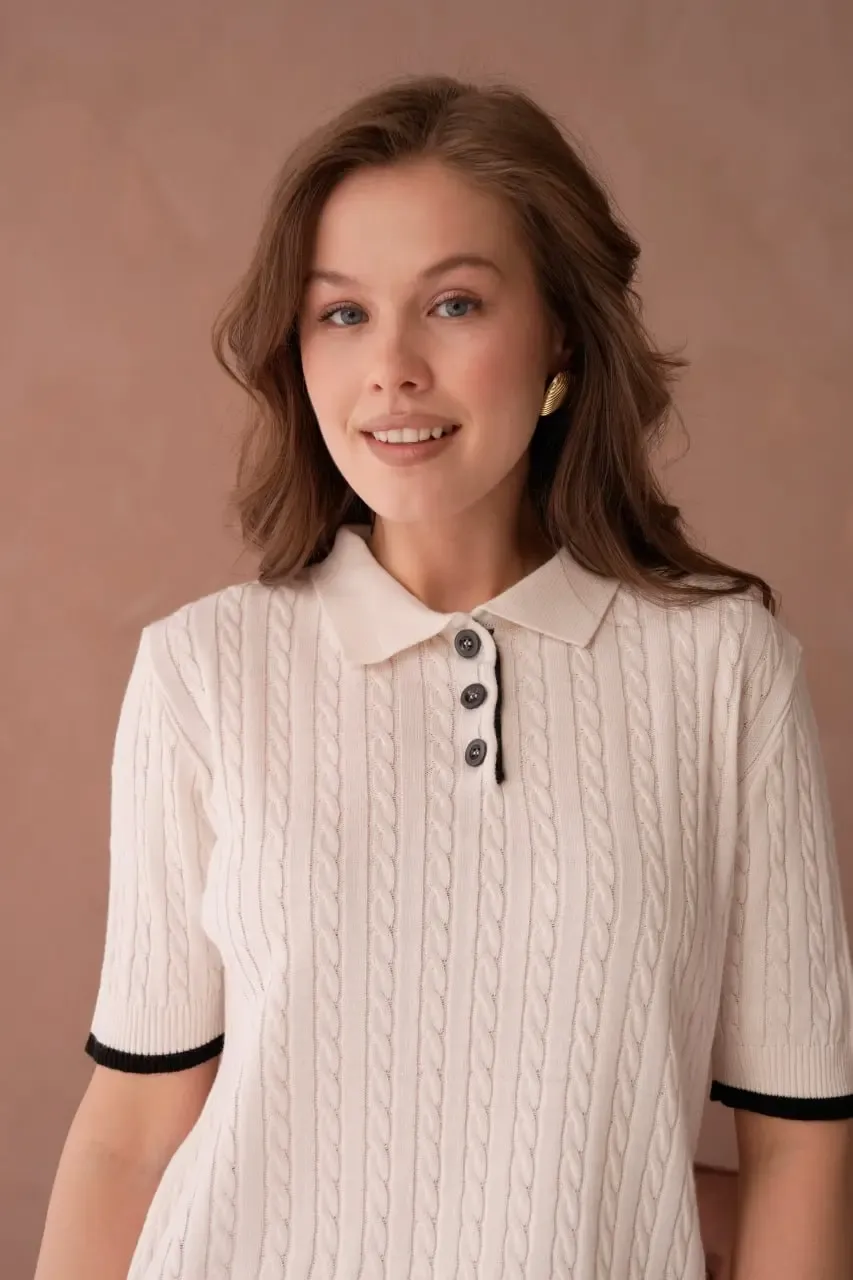 Kadın Polo Yaka Düğme Detay Saç Örgü Triko Kazak 12184