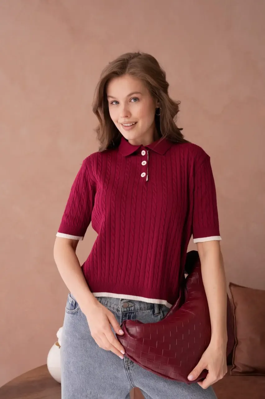 Kadın Polo Yaka Düğme Detay Saç Örgü Triko Kazak 12184