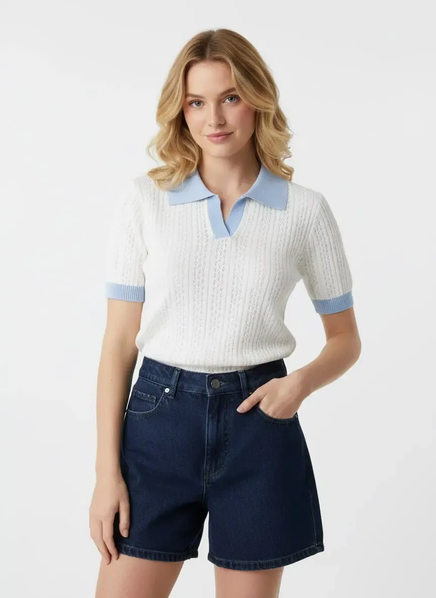 Kadın Polo Yaka Ajurlu Örgü Detay Triko Kazak 12430