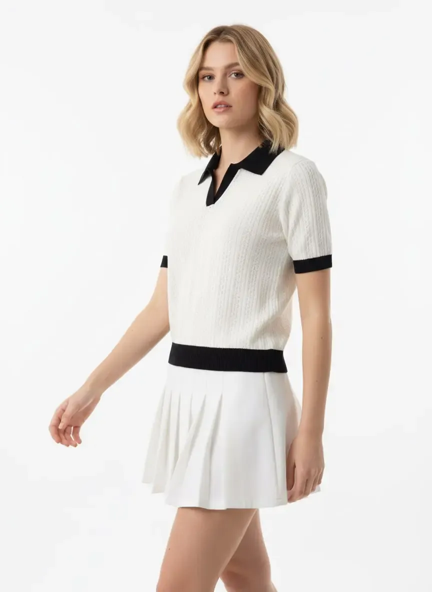 Kadın Polo Yaka Ajurlu Örgü Detay Triko Kazak 12430