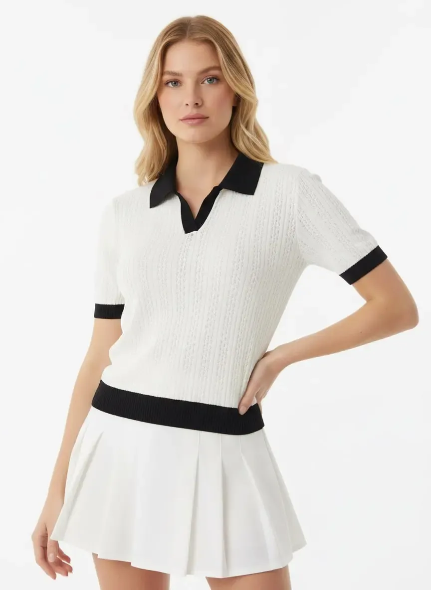 Kadın Polo Yaka Ajurlu Örgü Detay Triko Kazak 12430