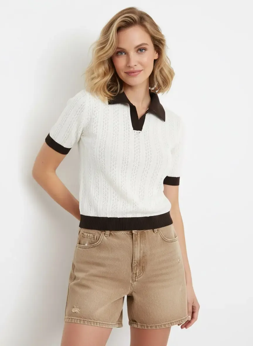 Kadın Polo Yaka Ajurlu Örgü Detay Triko Kazak 12430