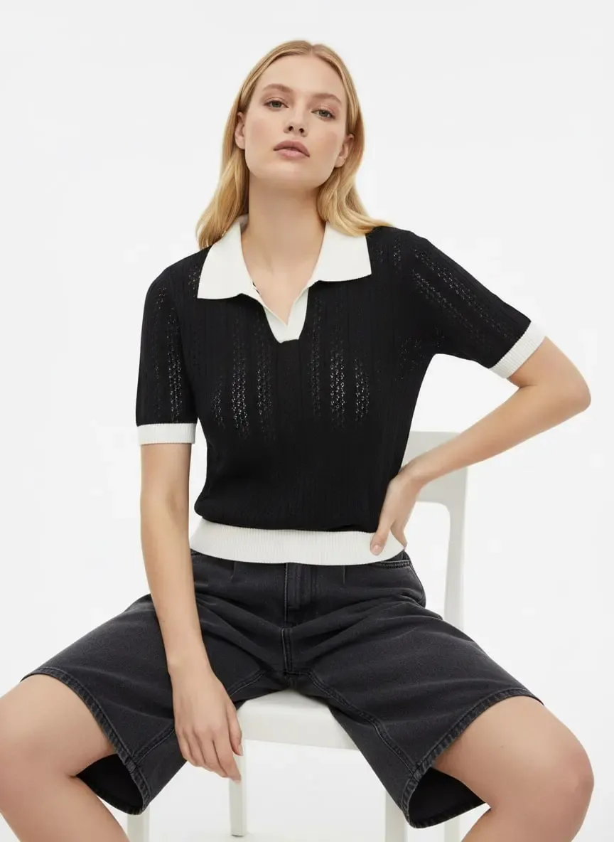 Kadın Polo Yaka Ajurlu Örgü Detay Triko Kazak 12430