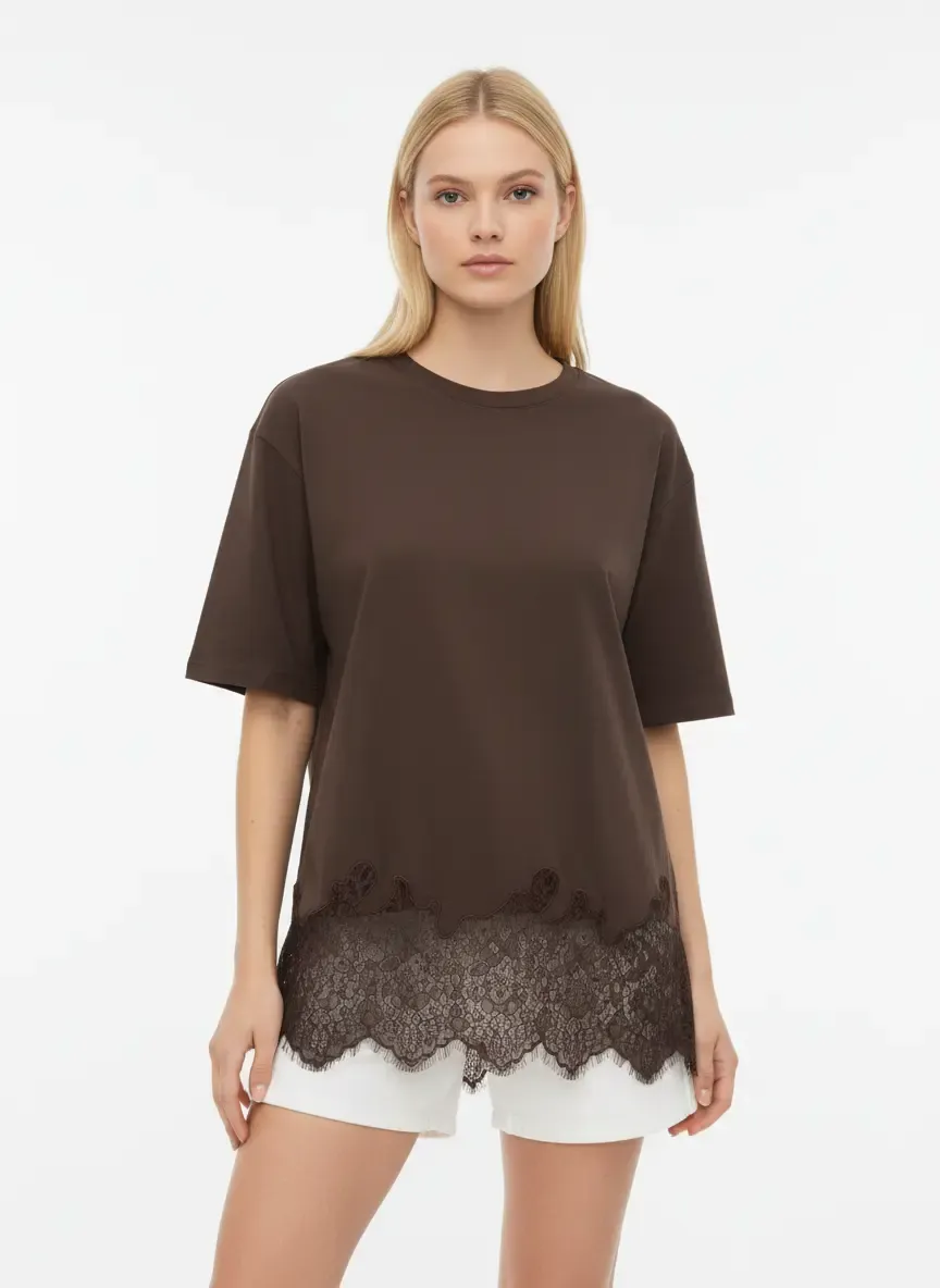 Kadın Bisiklet Yaka Eteği Dantel Detay Penye Tunik 13005