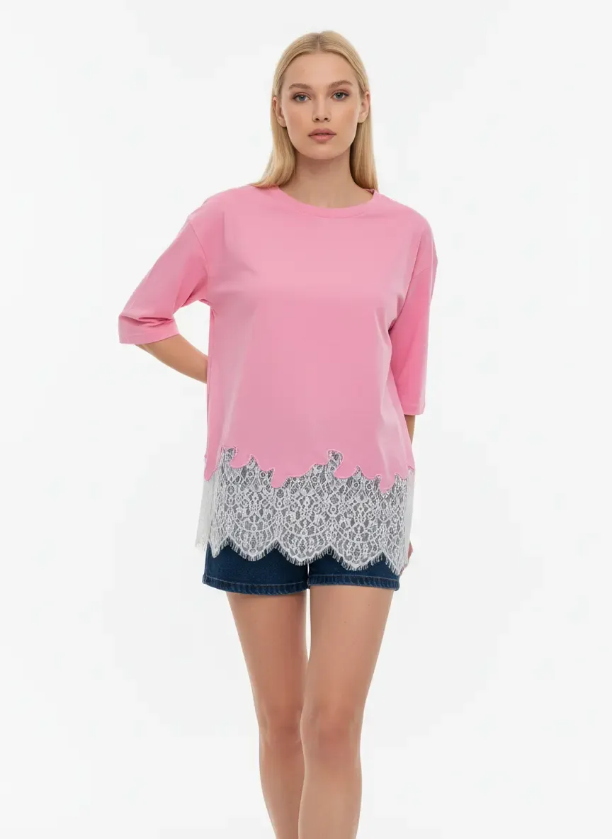 Kadın Bisiklet Yaka Eteği Dantel Detay Penye Tunik 13005