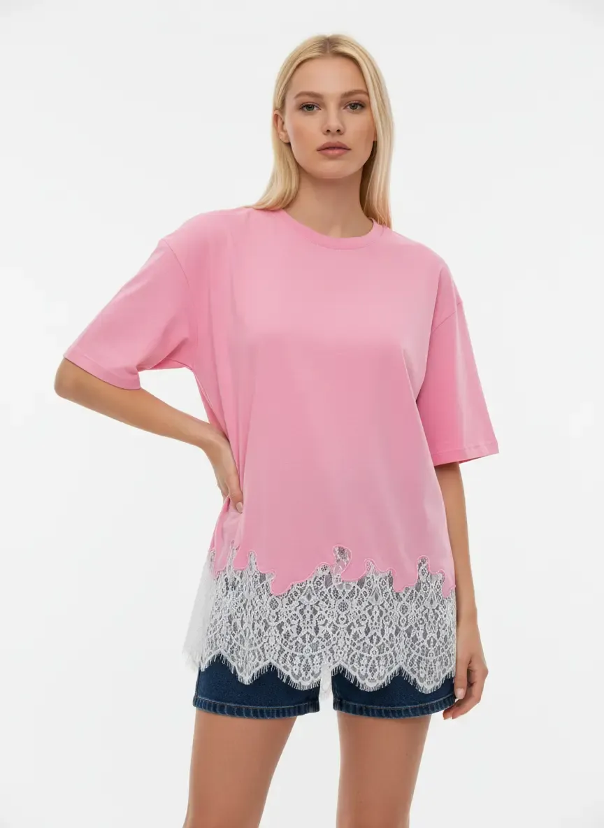 Kadın Bisiklet Yaka Eteği Dantel Detay Penye Tunik 13005