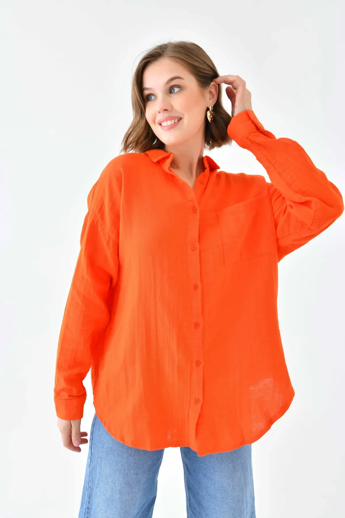 Kadın %100 Pamuk Cep Detaylı Oversize Dokuma Gömlek 23010