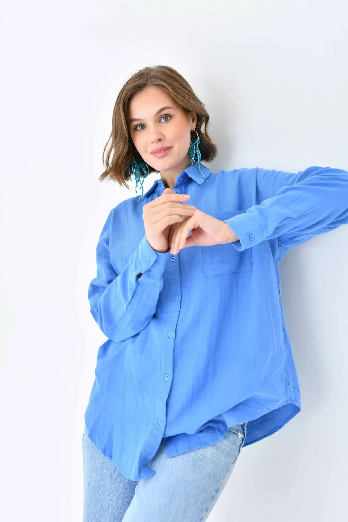 Kadın %100 Pamuk Cep Detaylı Oversize Dokuma Gömlek 23010