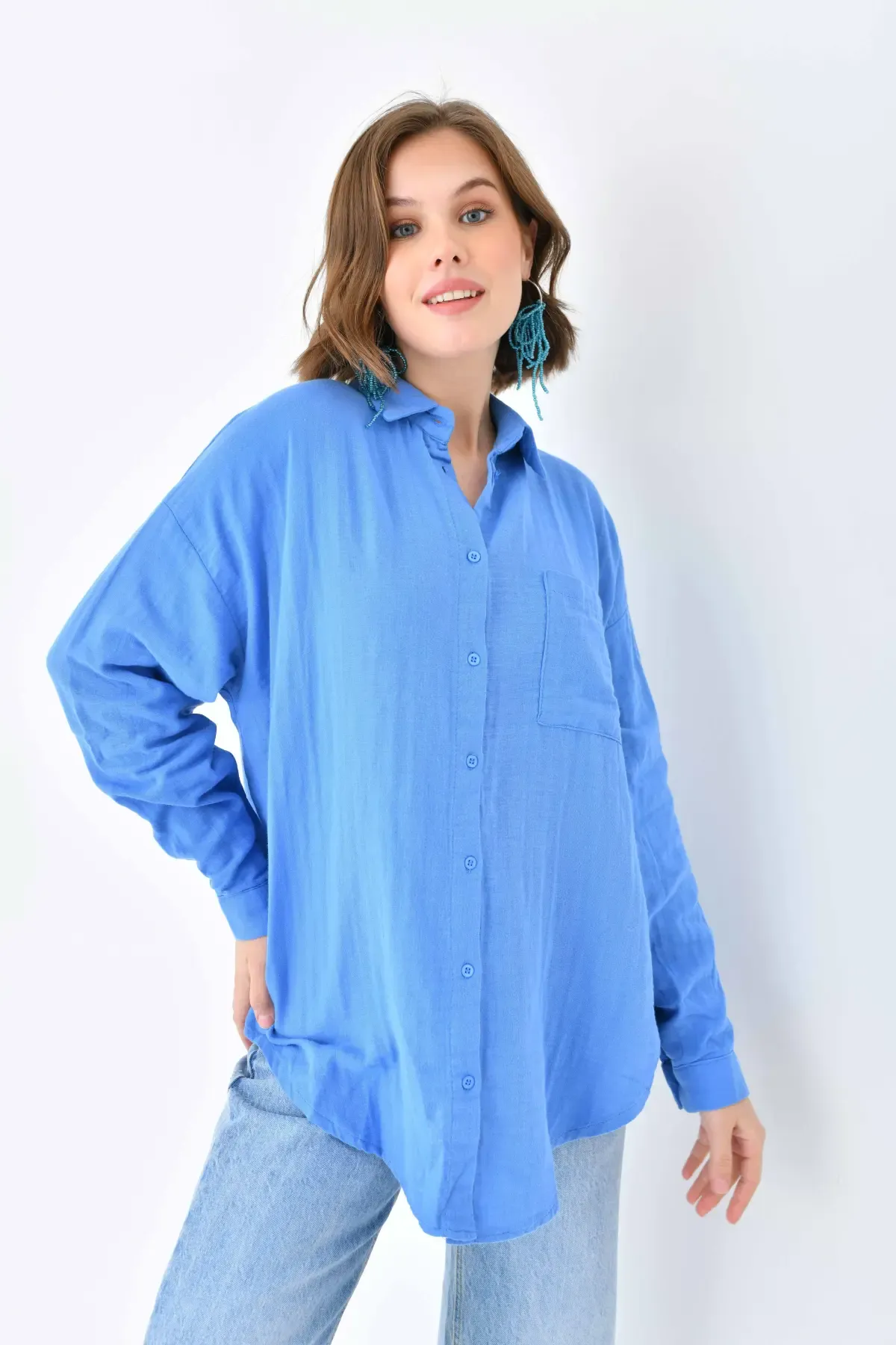 Kadın %100 Pamuk Cep Detaylı Oversize Dokuma Gömlek 23010