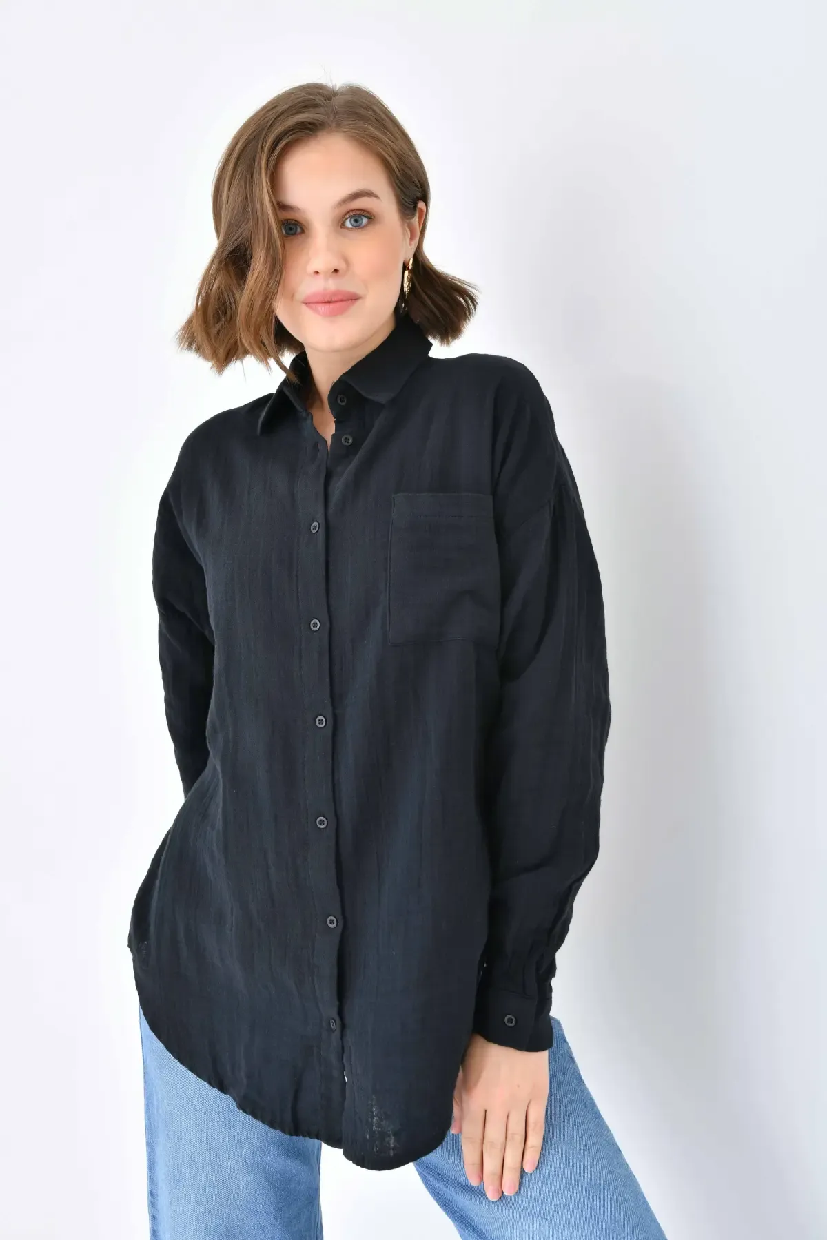 Kadın %100 Pamuk Cep Detaylı Oversize Dokuma Gömlek 23010