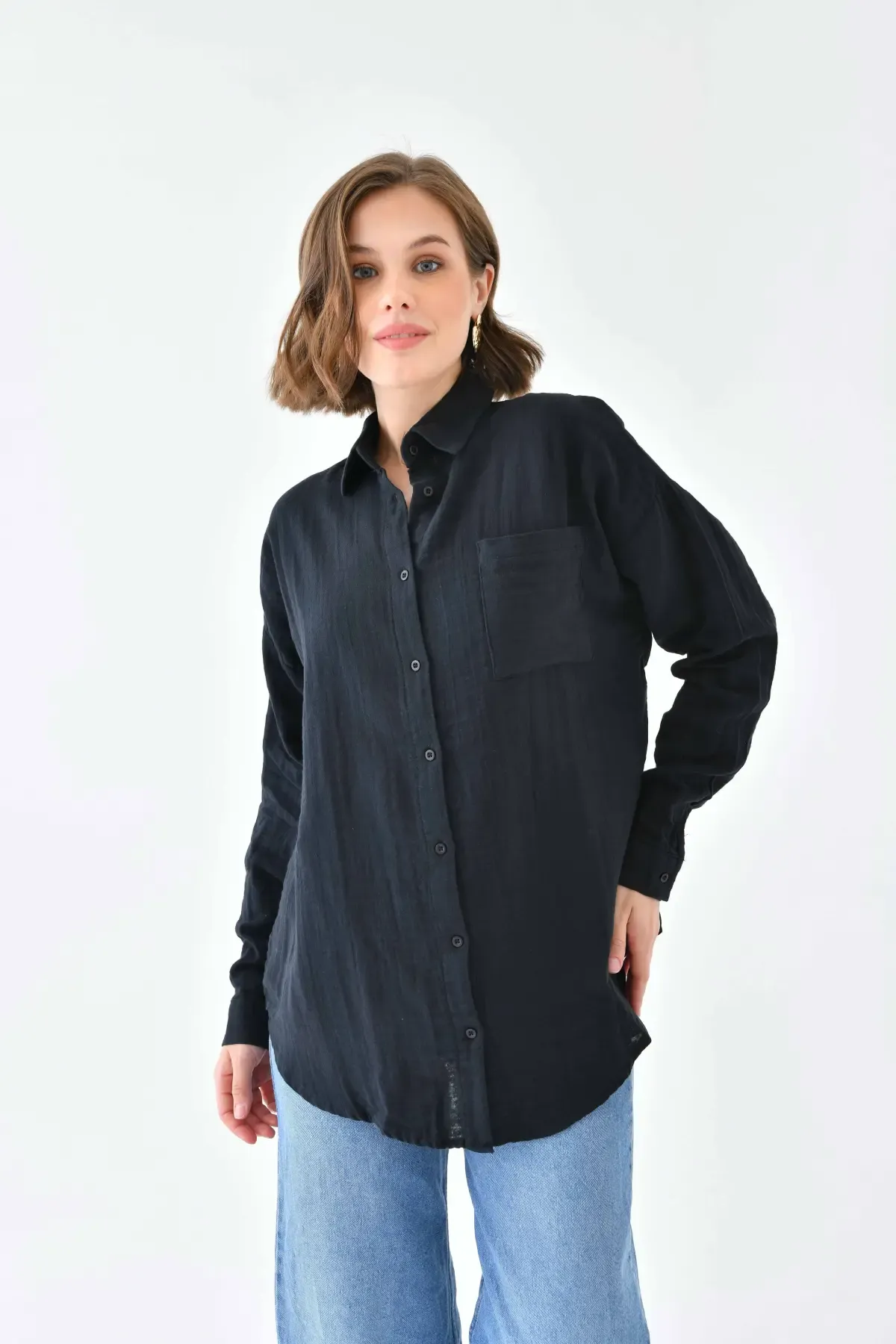 Kadın %100 Pamuk Cep Detaylı Oversize Dokuma Gömlek 23010