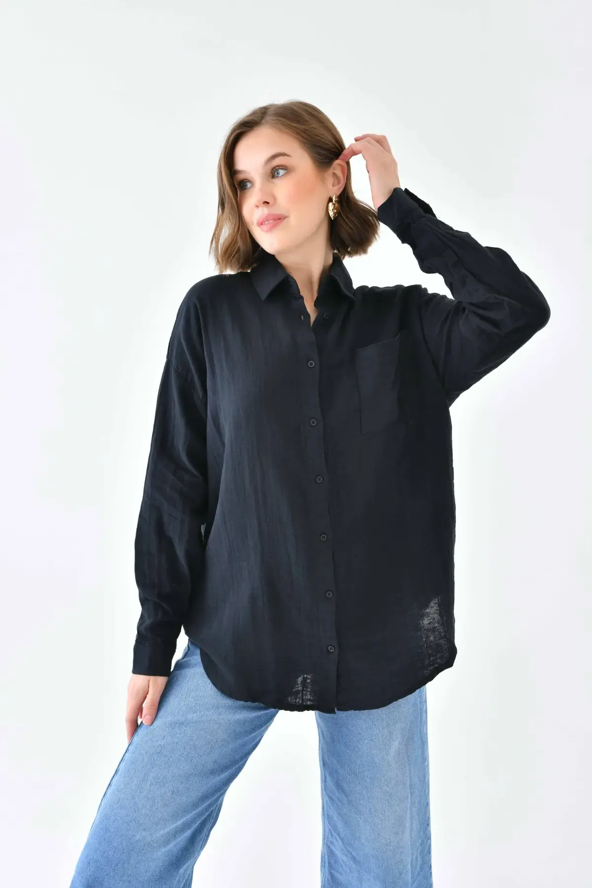 Kadın %100 Pamuk Cep Detaylı Oversize Dokuma Gömlek 23010