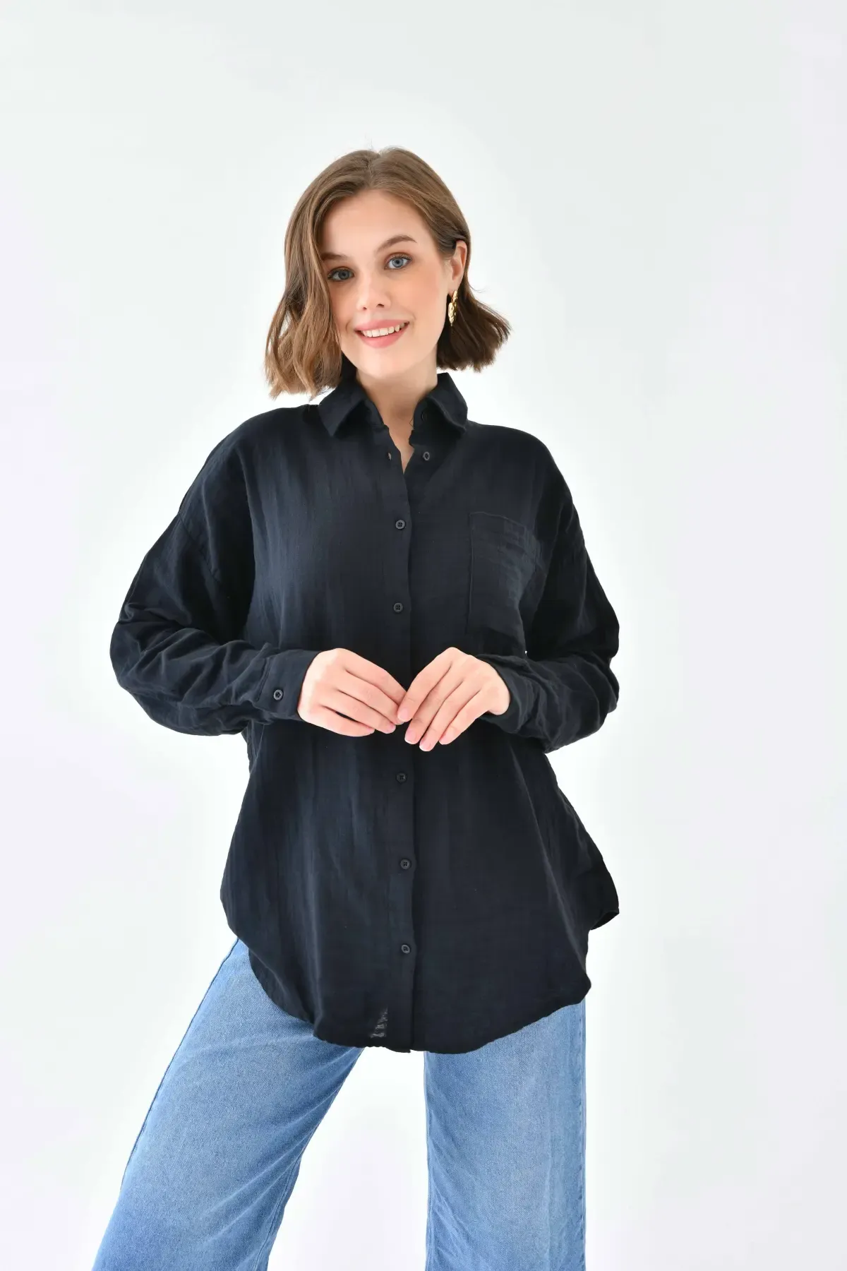 Kadın %100 Pamuk Cep Detaylı Oversize Dokuma Gömlek 23010