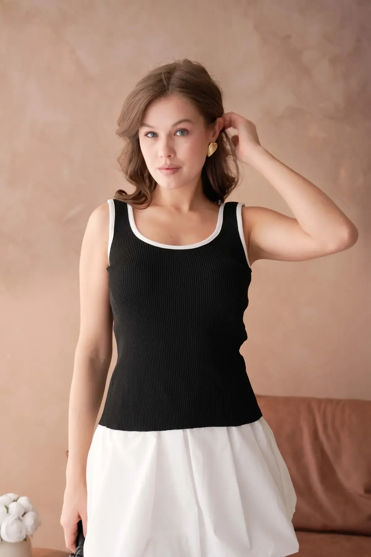 Kadın Asimetrik Yaka Biyeli Selanik Örgü Triko Bluz 12043